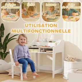 Conjunto de secretária e cadeira para crianças dos 3 aos 8 anos, com compartimentos e prateleiras abertas, com acabamento em imitação de madeira natur