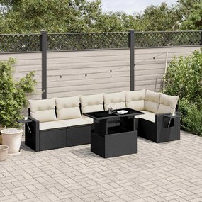 7 pcs conjunto de sofás p/ jardim c/ almofadões vime PE preto