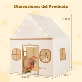 Casa de brincar para crianças para interior 120 x 101 x 143 cm, com luzes de estrelas e tapete acolchoado a partir dos 3 anos Bege + Castanho