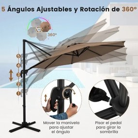 Guarda-sol redondo jardim 294 x 247 cm Guarda-sol suspenso com rotação de 360° Base cruzada 5 inclinações ajustáveis Castanho