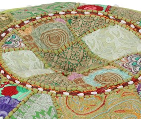 Pufe de retalhos redondo algodão artesanal 40x20 cm verde