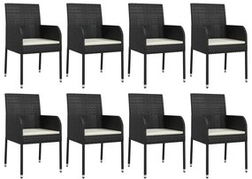 9 pcs conjunto de jantar p/ jardim c/ almofadões vime PE preto