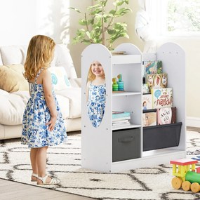 Estante para crianças 87,5 x 30 x 90 cm espelho de corpo inteiro Organizador de brinquedos com gaveta e prateleiras de tecido de 4 níveis Branco