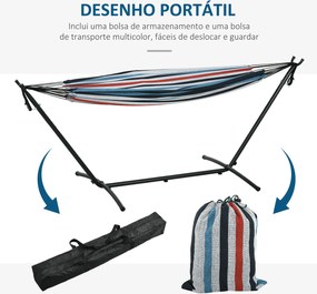 Cama Rede descanso jardim com Suporte 310x117 cm com Bolsa de Transporte Altura Ajustável Capacidade 120 kg para Campismo Azul e Branco