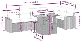 7 pcs conjunto sofás p/ jardim c/ almofadões vime PE cinzento