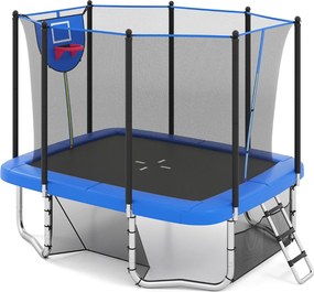Trampolim retangular com aro de basquetebol, baliza de futebol, saco de armazenamento e escada 317 x 255 x 270 cm Azul