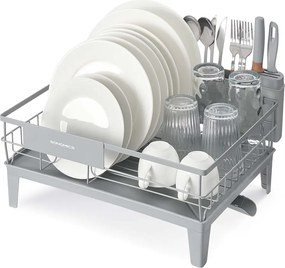 Escorredor de louça 31 x 42 x 18,5 cm com tabuleiro de recolha e suporte para talheres, cinzento