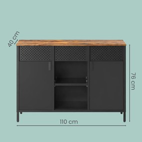 Aparador, armário de arrumação 40 x 110 x 76 cm com porta dupla em metal e madeira, fecho magnético castanho-preto