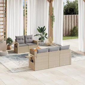 6 pcs conj. sofás jardim c/ almofadões vime PE bege misturado