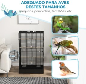 Gaiola para Pássaros 61x36,5x98 cm com Portas Poleiros Bandeja Removível e Alças para Canários Periquitos Preto