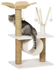 PawHut Árvore Arranhador para Gatos Médios Altura 91cm Torre para Gatos com Cama em Forma de Flor Plataformas Postes de Arranhar Túnel e Bolas Suspensas 56x40x91cm Branco e Bege