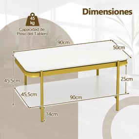 Mesa de centro 90 x 50 x 45,5 cm moderna retangular com 2 níveis, tampo sinterizado e prateleira, estrutura metálica, para sala, Branco + Dourado