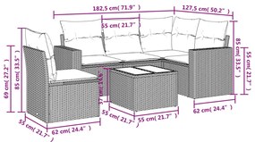 6 pcs conjunto de sofás jardim c/ almofadões vime PE castanho