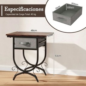 Mesa de cabeceira com gaveta de tecido, tábua de madeira e estrutura metálica 48 x 35 x 53 cm Castanho e cinzento