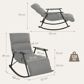 Poltrona Baloiço com Encosto e Apoia-Pés Ajustáveis 105° Estofada em Linho com Bolso Lateral e Estrutura de Metal Preto e Branco
