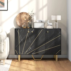 Aparador de Sala de Estar com 2 Armários e Prateleira Interior Ajustável com Efeito Mármore 107x35x75 cm Preto e Dourado