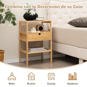 Mesa de cabeceira multiusos em bambu com gaveta e estante com ranhuras Mesa de apoio de 3 níveis para o quarto, sala de estar 40 x 40 x 68 cm Natural