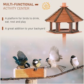 Casa para Pássaros de Pé de Madeira Maciça Ø52x130cm com Teto Comedouro para Aves Silvestres para Exterior Jardim Natural