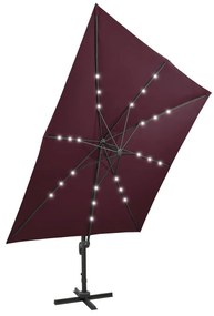 Guarda-sol jardim cantilever c/ poste e luzes LED 300 cm bordô
