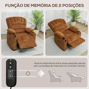 Poltrona Relax Reclinável Elétrica com Função Memória Apoia-Pés Controlo Remoto Bolsos Laterais Porta USB Porta-Copos Castanho