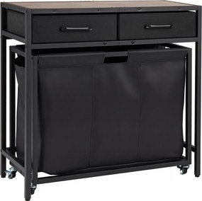 Cesto para Roupa Suja com Rodas, 80 x 32 x 77 cm, Três Compartimentos, Castanho