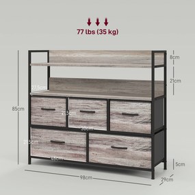 Móvel de arrumação de estilo industrial com 5 gavetas em tecido, dobráveis e removíveis, e prateleiras - 98 x 29 x 85 cm