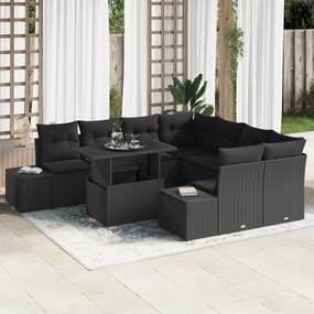 Conjunto de Sofá de Jardim de 9 Peças com Almofadas Preto em Rattan Si