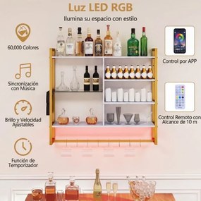 Prateleira suspensa 107 x 24 x 96 cm com luzes LED, controlo remoto via app, 6 níveis, 8 ganchos em S e bolso lateral para cozinha, bar ou casa – Bran