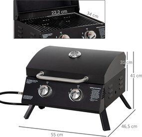 Grelhador a gás de mesa portátil com pés dobráveis - 2 queimadores de 5 kW - Churrasqueira a gás para campismo - Grelha de cozedura, tabuleiro para go