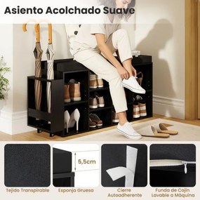 Banco sapateira 30 x 110 x 52,5 cm com suporte para guarda-chuvas, 10 compartimentos, assento acolchoado e prateleiras ajustáveis, preto