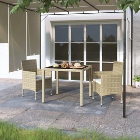 vidaXL 3 pcs conjunto jantar p/ jardim vime PE e vidro temperado bege
