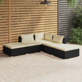 vidaXL 5 pcs conjunto lounge de jardim c/ almofadões vime PE preto