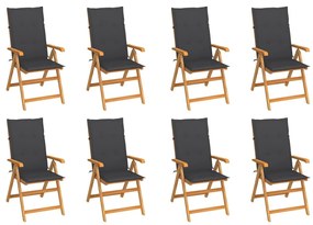 vidaXL Cadeiras de jardim reclináveis c/ almofadões 8 pcs teca maciça