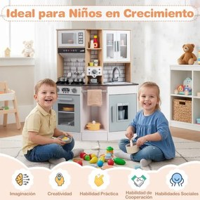 Cozinha de brincar para crianças 75 x 36 x 96 cm de madeira com som e luz Fogão Pia Exaustor Acessórios de cozinha cinza e natural