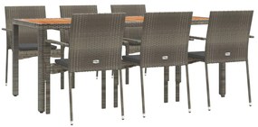 7 pcs conjunto de jantar p/ jardim c/ almofadões vime PE cinza