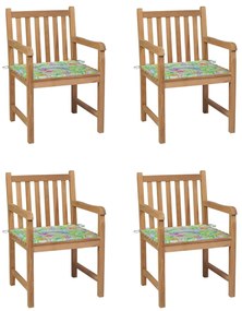 Cadeiras jardim c/ almofadões padrão folhas 4 pcs teca maciça