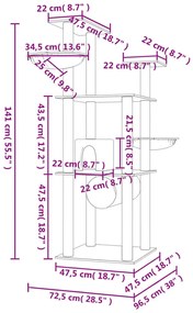 Árvore p/ gatos c/ postes arranhadores sisal 141 cm cinza-claro