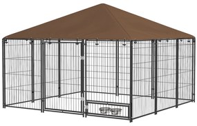 Canil para Cães com Toldo com Suporte Giratório para Comida 2 Tigelas Incluídas 211x141x151 cm Preto e Castanho