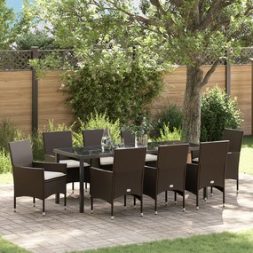 Conjunto de Jantar de Jardim vidaXL 9 Peças com Almofadas em Rattan Poli Castanho