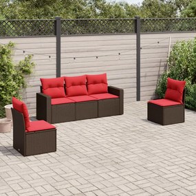 vidaXL 5 pcs conjunto sofás p/ jardim c/ almofadões vime PE castanho