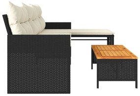 Sofá de jardim em forma de L c/ mesa e almofadões vime PE preto