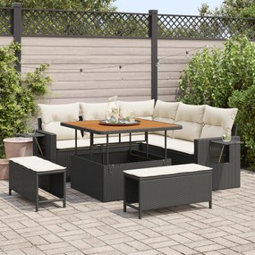 Conjunto de Sofá de Jardim com 8 Peças com Almofadas Preto Rattan Polimérico Acácia