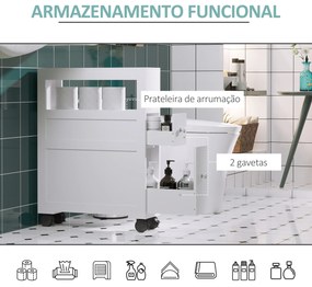 Armário Casa de Banho para Espaços Reduzidos com 4 Rodas Prateleira Aberta e Gavetas 16x52x71,5 cm Branco