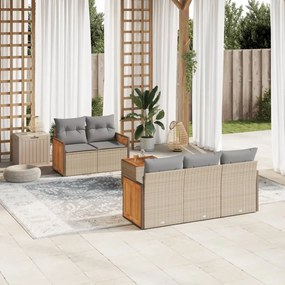 6 pcs conjunto de sofás p/ jardim com almofadões vime PE bege
