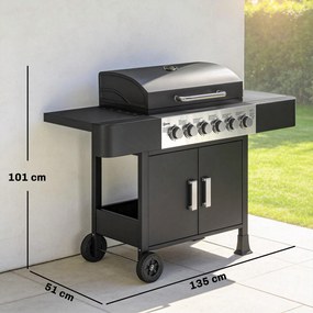 Grelhador a Gás Barbeceu com 6 Queimadores 15 kW Termómetro 2 Prateleiras Laterais eArmário 135x51x101 cm Preto
