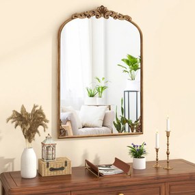 Espelho Curvo para Parede 95 x 66 cm Espelho Barroco Ornamentado Tradicional Vintage Dourado com Moldura de Metal Dourado