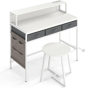 Secretária para computador 110 x 50 x 95,5 cm com tomadas elétricas com banco com suporte para monitor e Gavetas de tecido Branco