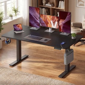 Secretária com regulação elétrica da altura 140 x 80 x (72-120) cm, secretária para trabalhar em pé com porta-cabos tipo C, preta