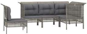 5 pcs conjunto lounge de jardim c/ almofadões vime PE cinzento