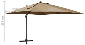 Guarda-sol jardim c/ poste e luzes LED 300 cm cinza-acastanhado
